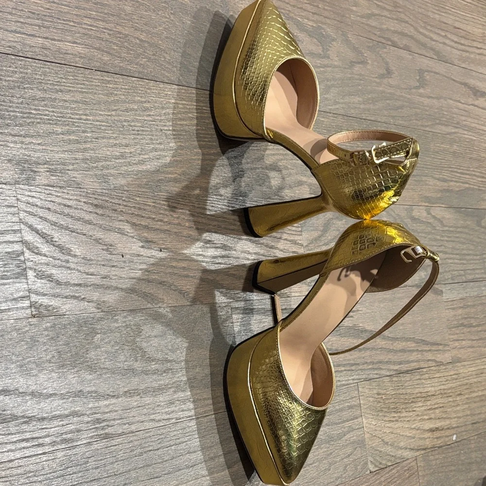 Metallic Gold Platform Ankle-Strap Heels - Picture 3 of 3